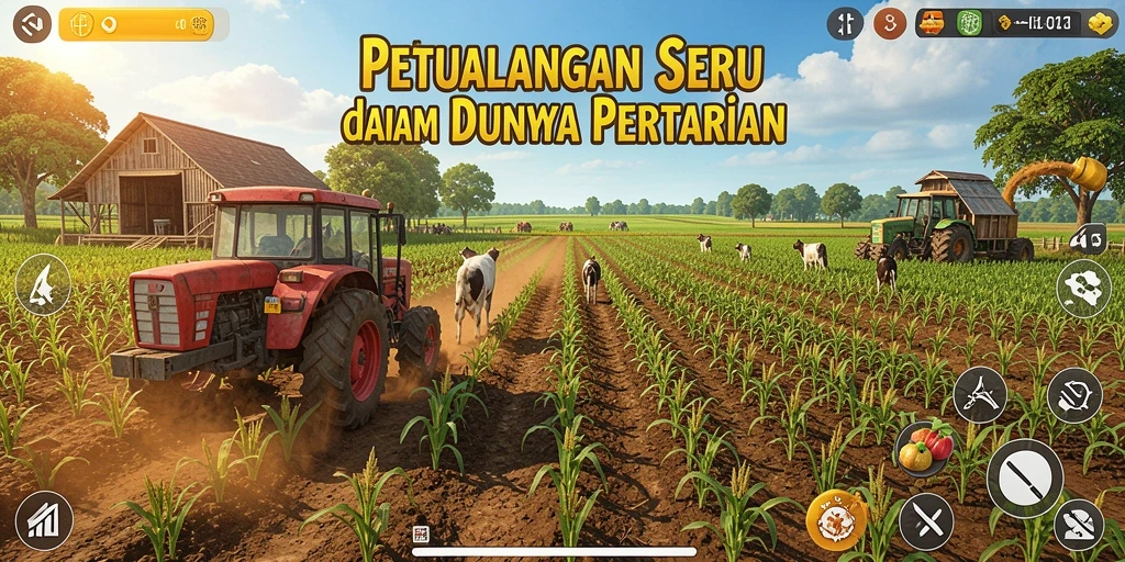 Tampilan gameplay D73 menampilkan petani yang sedang bekerja di ladang.