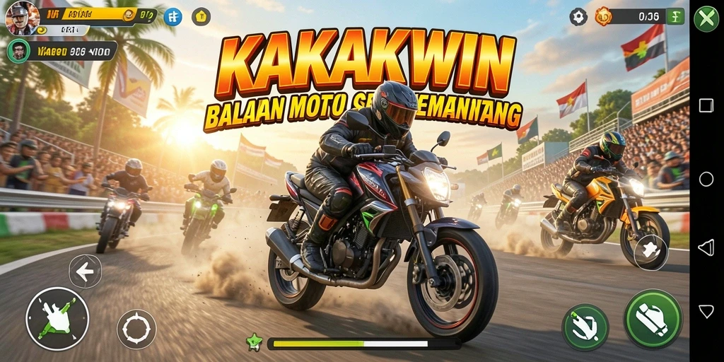 Screenshot menunjukkan aksi balapan motor yang mendebarkan di KAKAKWIN.