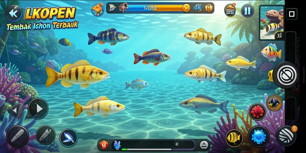 Tampilan gameplay LKOPEN saat menembak ikan.