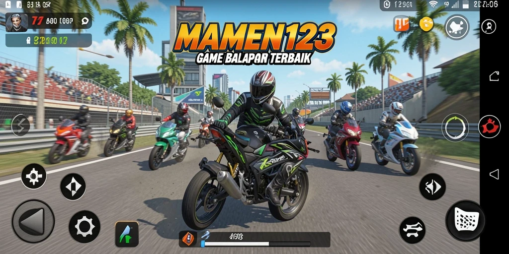 Screenshot MAMEN123 menampilkan aksi balapan motor yang mendebarkan.