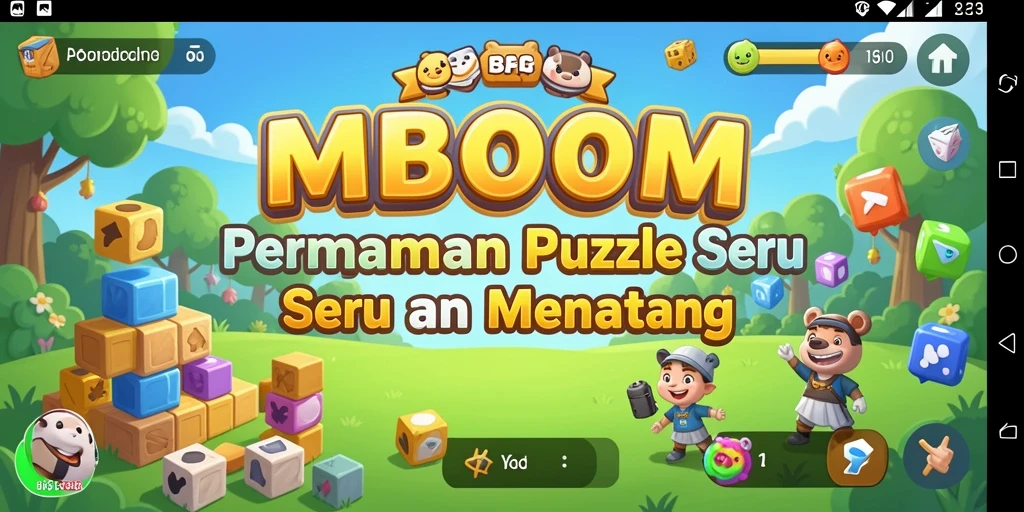 Gameplay MBOOM yang menampilkan teka-teki penuh warna dan menarik.