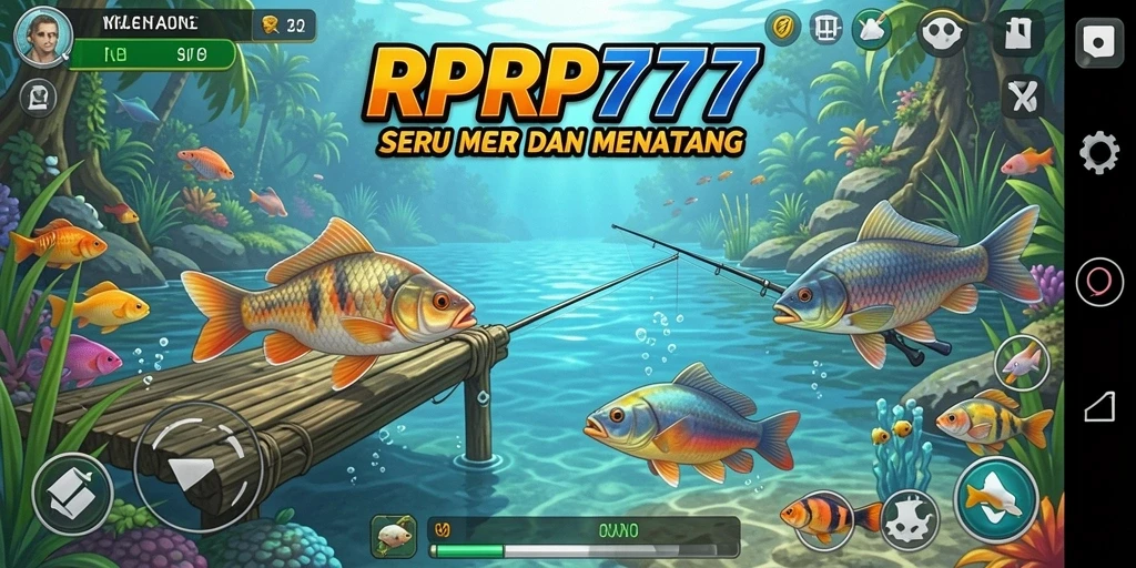 Tampilan gameplay RPRP777 dengan ikan besar dan lokasi memancing menakjubkan.