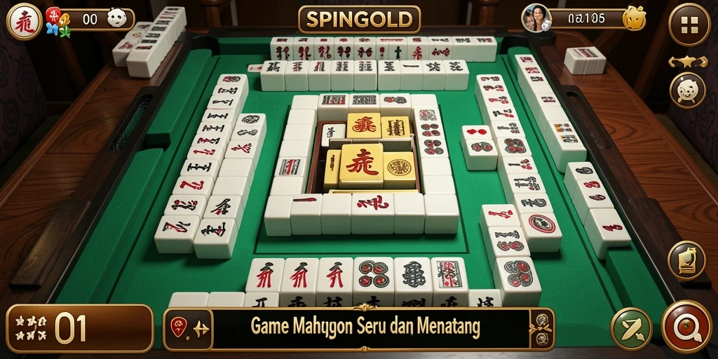 Screenshot gameplay SPINGOLD menunjukkan keseruan dalam menyelesaikan teka-teki Mahjong.