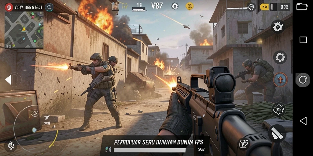 Screenshot utama V87 menunjukkan aksi intens dalam pertempuran FPS.
