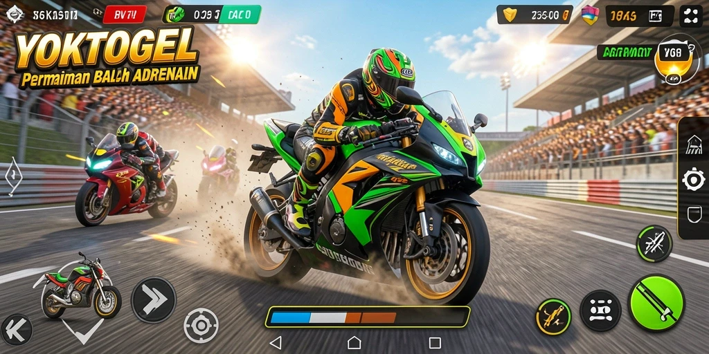 Screenshot gameplay YOKTOGEL menampilkan aksi balap motor yang mendebarkan.